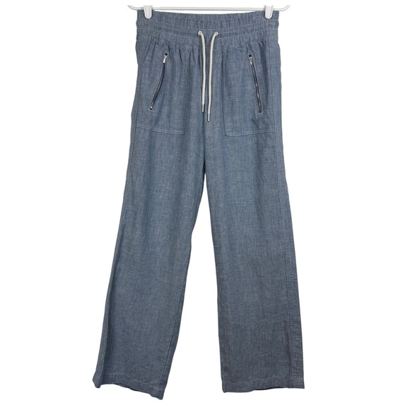 Athleta Women's Wide Leg Linen Blend Pants 4 Blue Drawstring Zippers Pockets - Picture 1 of 7